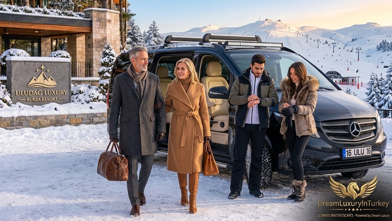 Guests in winter coats arriving at a snowy Uludağ resort beside the black Mercedes Vito, ski slopes behind