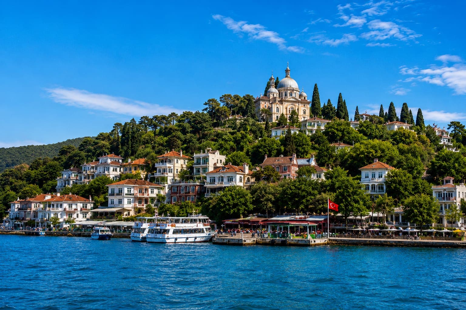 The waterfront mansions of Büyükada rising up a pine-covered hill above the sea